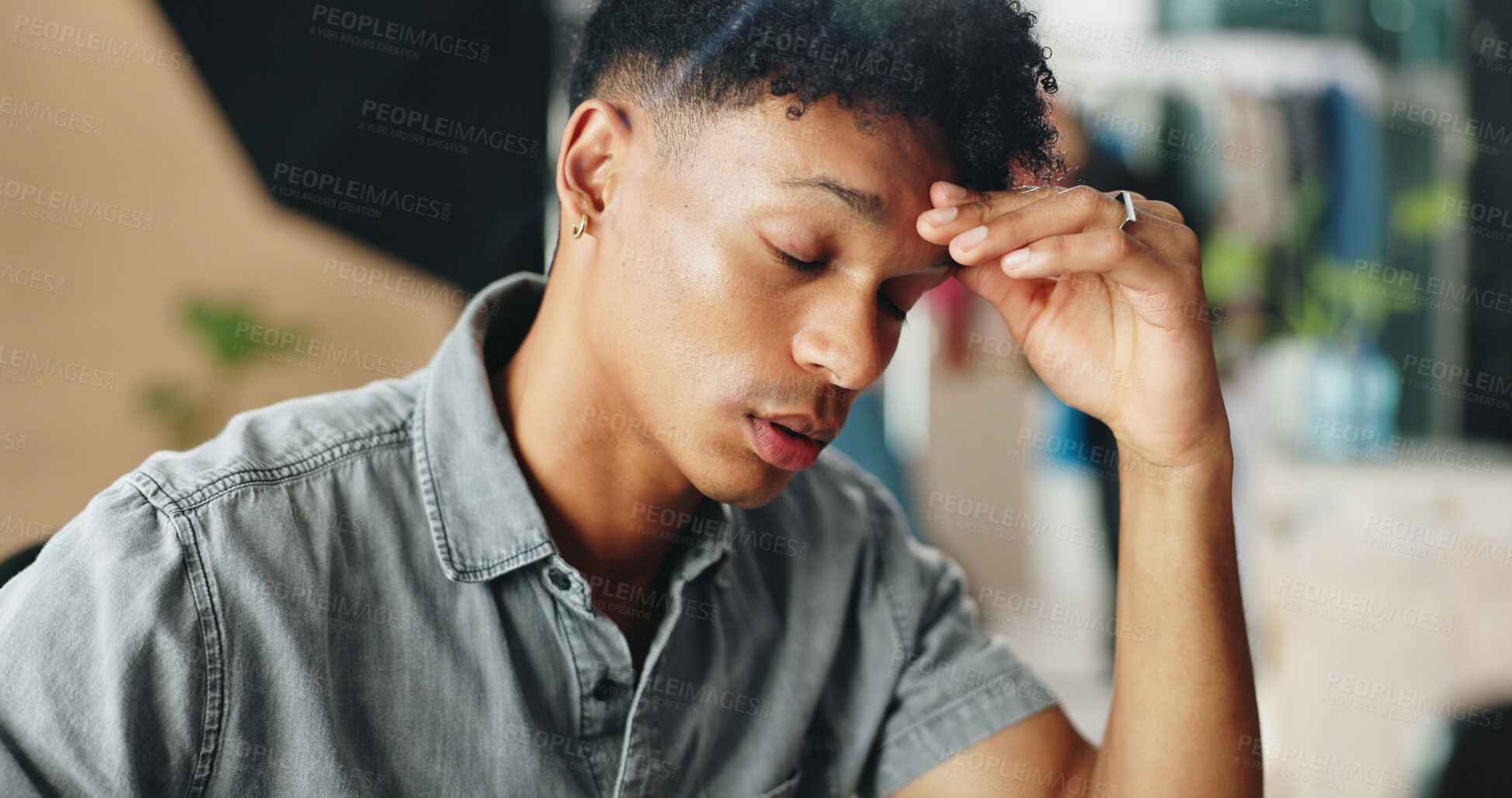 Buy stock photo Business, man and headache of stress in office with burnout, overworked and mental health. Professional, employee and migraine at workplace with uncomfortable ache, tension and exhausted at company