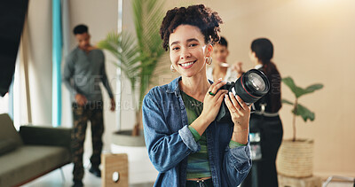 Photography, fashion and camera with portrait of woman in studio for magazine production, backstage and set. Artist, photoshoot and creative with person for ecommerce catalog, shooting and picture