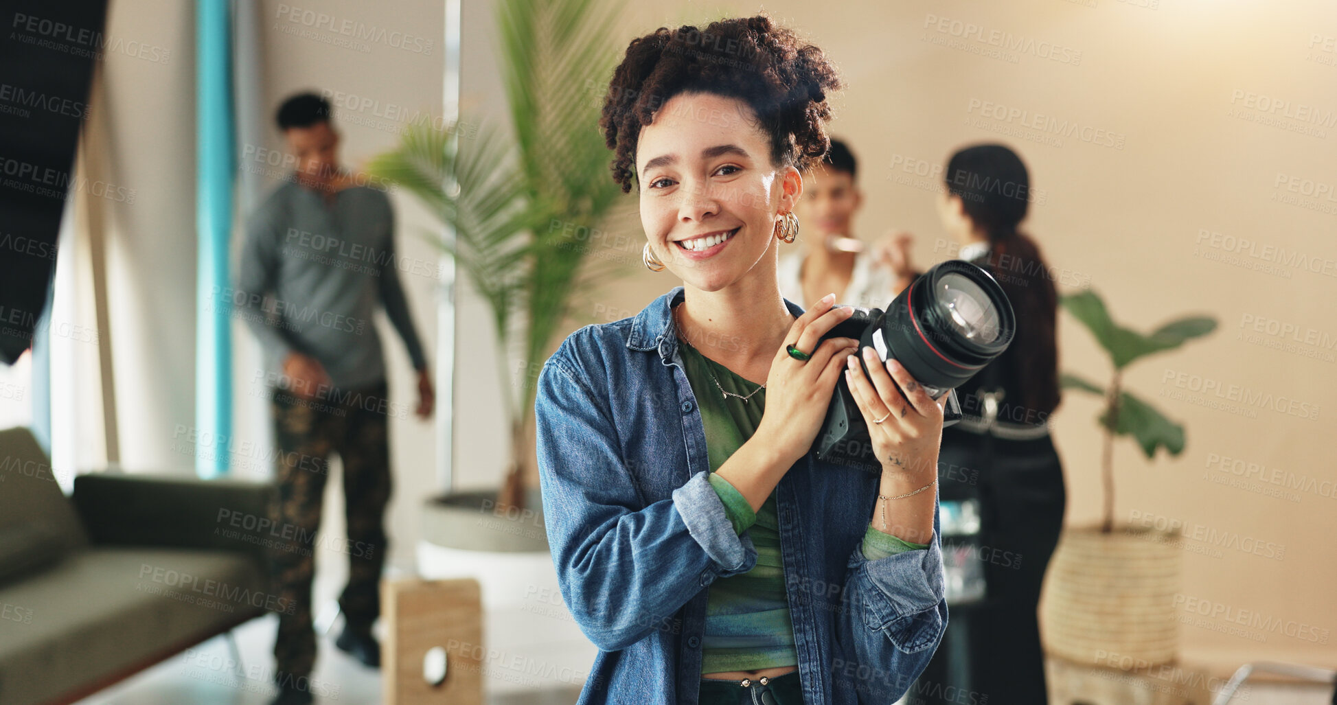 Buy stock photo Photography, fashion and camera with portrait of woman in studio for magazine production, backstage and set. Artist, photoshoot and creative with person for ecommerce catalog, shooting and picture