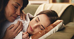Sofa, mother and daughter with blanket for sleeping, comfort and parent for security in living room. Home, mature mom and adult child on couch for rest, bonding together or mama for support in lounge
