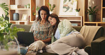 Laptop, streaming and mature mother with daughter on sofa for relax, subscription service and movie. Website, internet and home cinema with women in living room of family house for digital and film