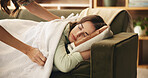 Sleeping, tired and woman on sofa with blanket for resting, dreaming and nap in home. House, living room and mom with person with duvet, pillow and comfortable for relaxing on couch on weekend