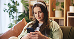 Sofa, woman and sad with smartphone for chat, connection and message with contact. Home, female person and breakup with mobile app for web communication, online dating and profile rejection for match