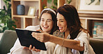 Sofa, mother and daughter with tablet for laughing, comedy movie and streaming series with subscription. Home, mature mom and adult child with digital for watch video, entertainment and online joke