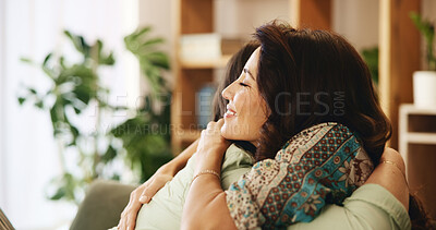 Buy stock photo Hug, sofa and mature mom with woman for bonding, loving relationship and relax together in home. Happy family, weekend and mother with girl on couch with affection, embrace and care in living room