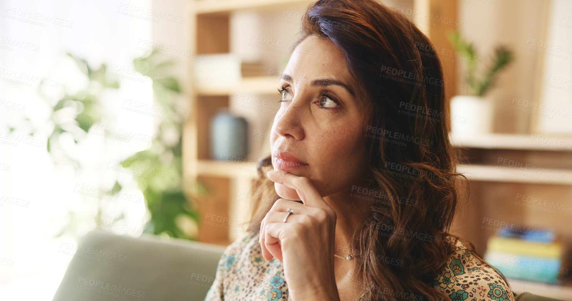 Buy stock photo Mature, woman and thinking on couch with stress in home for financial crisis, recession news and worried. Person, thoughtful and reflection on sofa in lounge with debt anxiety and depression in house