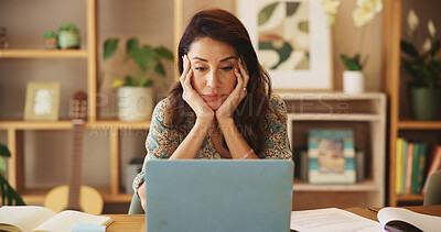 Buy stock photo Woman, laptop and freelancer bored in home office, writer fatigue and research for story plot. Mature person, remote work and exhausted with editing novel, tired author and reading feedback report