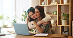 Remote work, family and hug at laptop for love, support and motivation for productivity in home. Mature mother, girl or embrace in living room for care, affection or bonding with healthy relationship