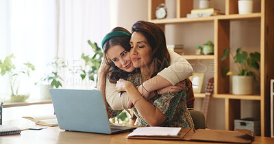 Buy stock photo Remote work, family and hug at laptop for love, support and motivation for productivity in home. Mature mother, girl or embrace in living room for care, affection or bonding with healthy relationship