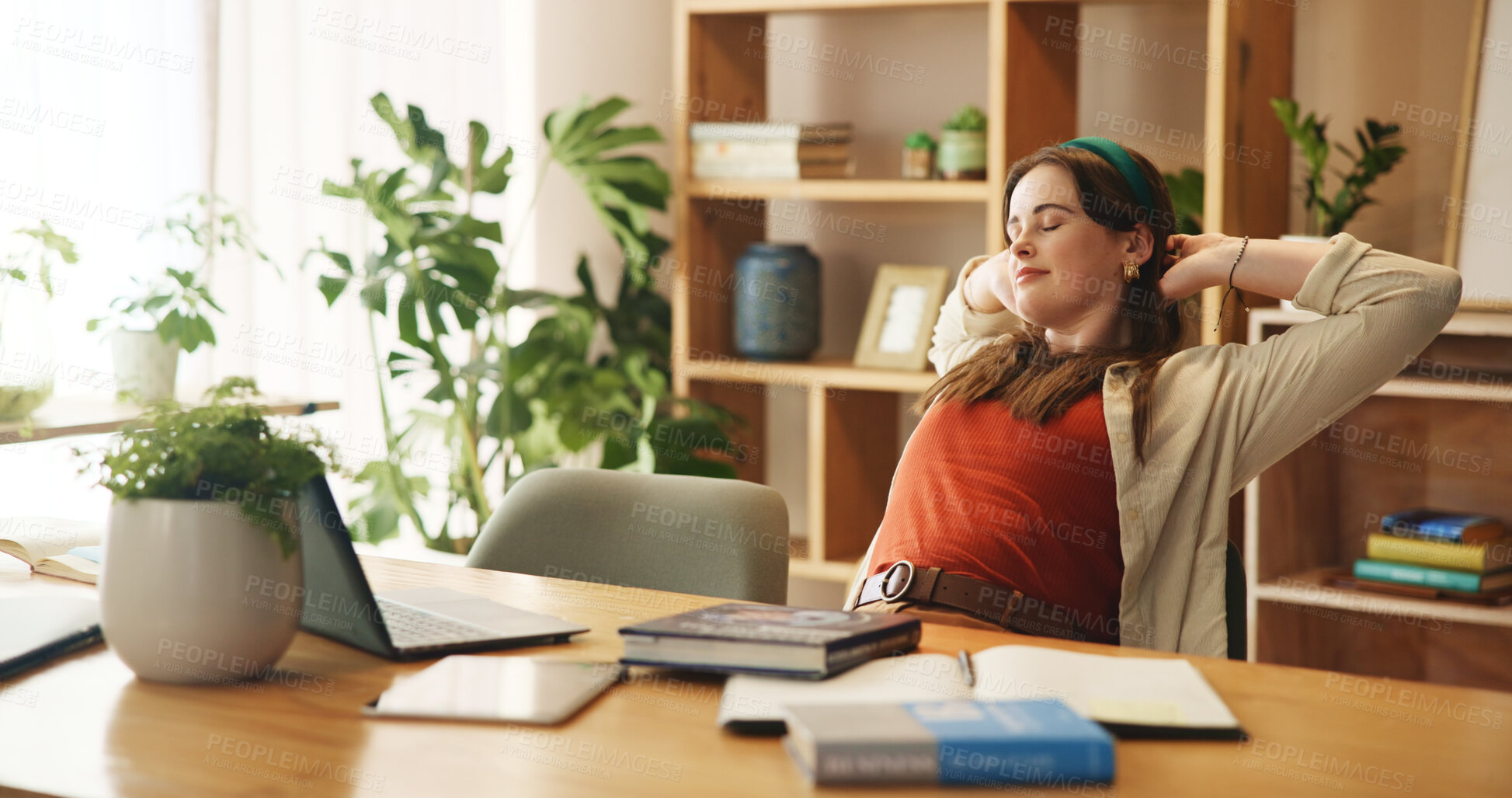 Buy stock photo Student, stretching and relax with girl in home office for research assignment, college thesis and satisfaction. Education, calm and learning with person studying for university, school and project
