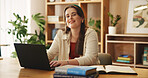 Student, laptop and portrait of girl in home office for research assignment, college thesis and online portal. Education, knowledge and elearning with person for university, school and project