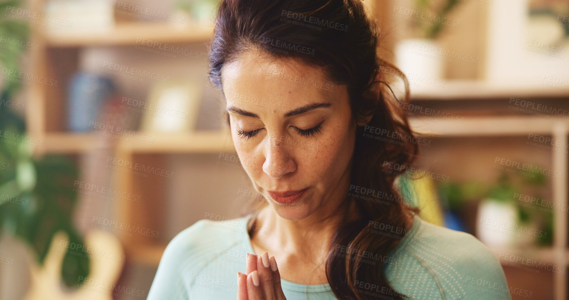 Buy stock photo Meditation, prayer hands and zen with mature woman for health, fitness and spiritual wellness. Balance, mindfulness and healing aura with person at home for yoga exercise, awareness and energy.