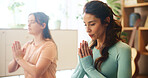 Meditation, yoga and mature mother with daughter for health, zen and spiritual wellness. Balance, mindfulness and healing aura with people at home for breathing exercise, awareness and energy