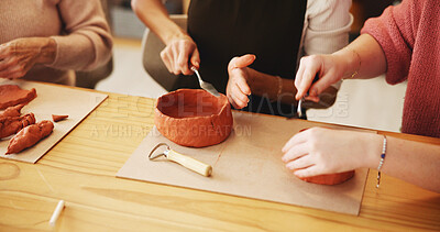 Buy stock photo Pottery class, hands and people with clay sculpture for molding texture, production and art product. Closeup, workshop or creative artists learning in small business with pot shape and craft project