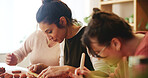 Pottery class, lesson and women with clay sculpture for molding texture, manufacturing and art product. People, workshop or creative artists learning in small business with hobby and craft project
