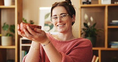 Buy stock photo Workshop, woman and portrait with clay for pottery, artistic style or pride for small business. Store, female person or potter with ceramic for bowl creation, happy or creative for aesthetic appeal