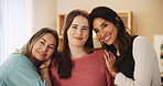 Happy, generations and portrait of women in home with hugging for love, family and bonding. Smile, care and female person embracing mother and grandmother with connection in living room at house.