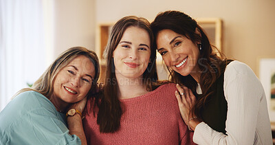 Buy stock photo Happy, generations and portrait of women in home with hugging for love, family and bonding. Smile, care and daughter embracing mother and grandmother with connection in living room at house.