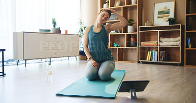 Buy stock photo Yoga, stretching and woman on tablet in home for wellness, healthy body and workout for online class. Pilates, fitness and person on floor on digital tech for exercise, training and video tutorial