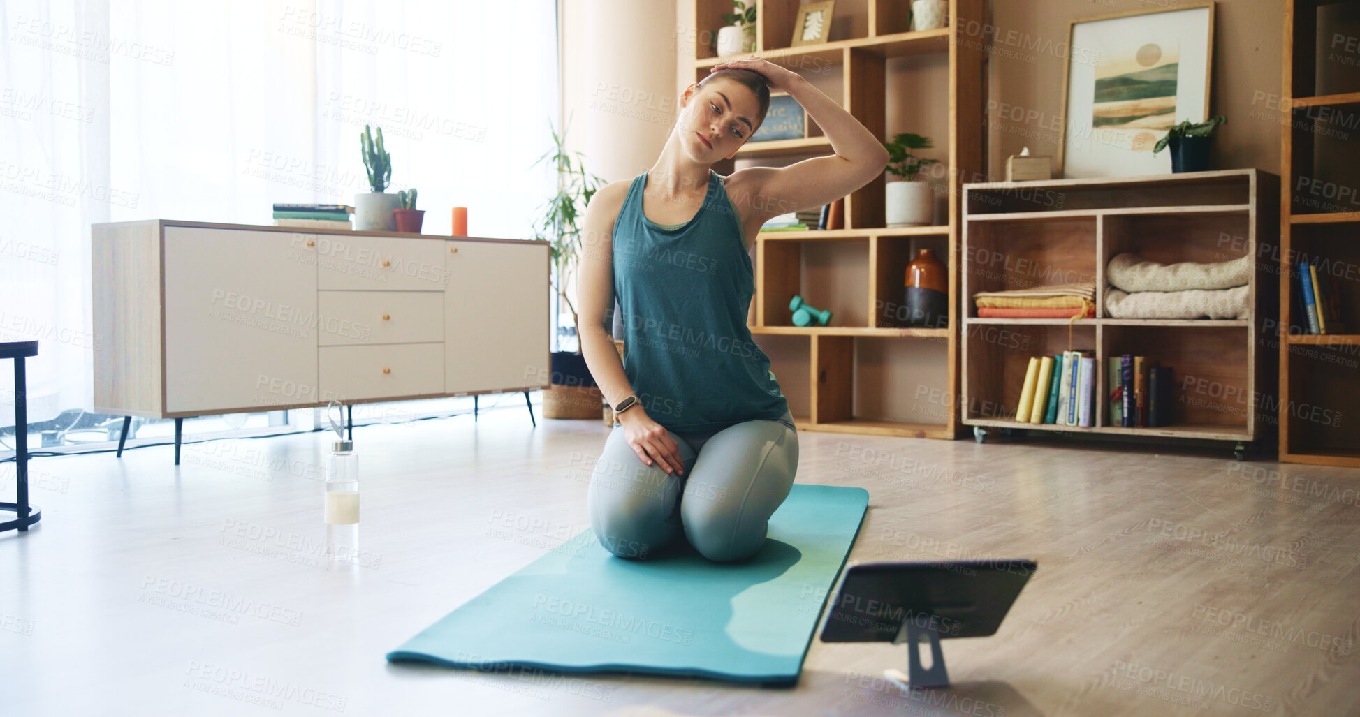 Buy stock photo Yoga, stretching and woman on tablet in home for wellness, healthy body and workout for online class. Pilates, fitness and person on floor on digital tech for exercise, training and video tutorial