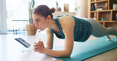 Buy stock photo Fitness, plank and woman on tablet in home for wellness, healthy body and workout for online class. Pilates, yoga and person on floor on digital tech for exercise, training and video tutorial