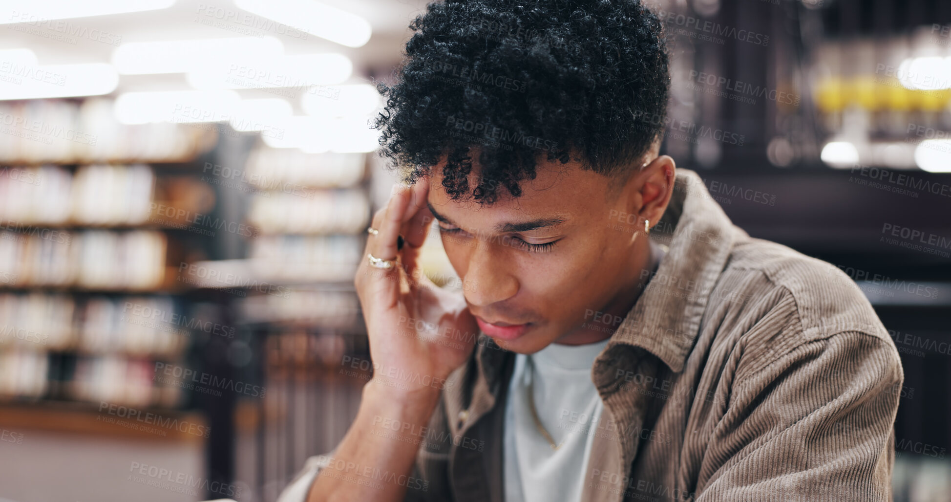Buy stock photo Headache, student and library with burnout, stress and deadline for university exam with pain. Fatigue, tired and tired from studying, learning and worry with financial debt and college fees