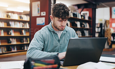 Buy stock photo Learning, laptop and research with man in library for knowledge, education and college thesis. Academy, future and university with student and online portal for exam, project and scholarship