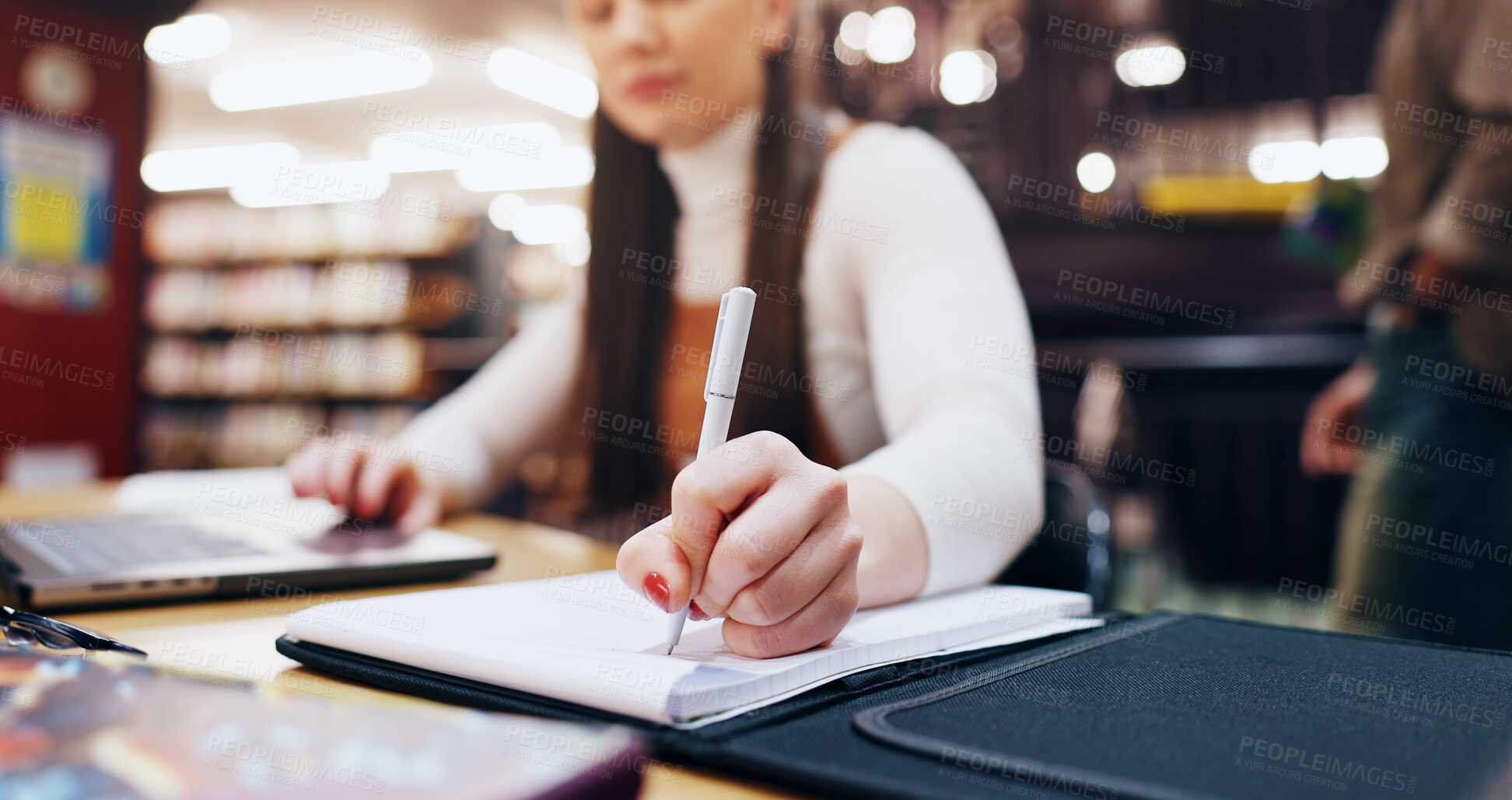 Buy stock photo Hands, writing and notebook with student in library for knowledge, education and college thesis. Academy, future and university with person and studying on campus for exam, project and scholarship