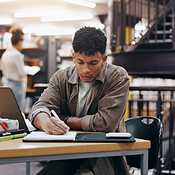Study Project Men African, man and student writing in library for research information ...
