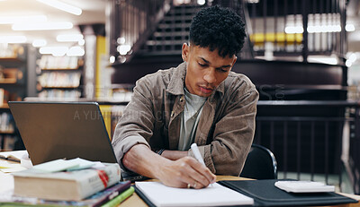 Buy stock photo Writing, book and research with man in library for knowledge, education and college thesis. Learning, future and university with student and studying on campus for exam, project and scholarship