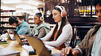 People, studying and laptop in library with headphones, planning and working on research assignment. Student group, exam preparation and music with tech for education, connectivity and online course