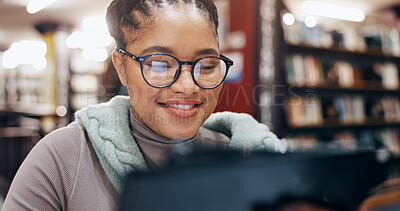 Buy stock photo African, student and smile with tablet in library for research information, university news and study schedule. Woman, digital and reading online with education ebook, exam results and project report