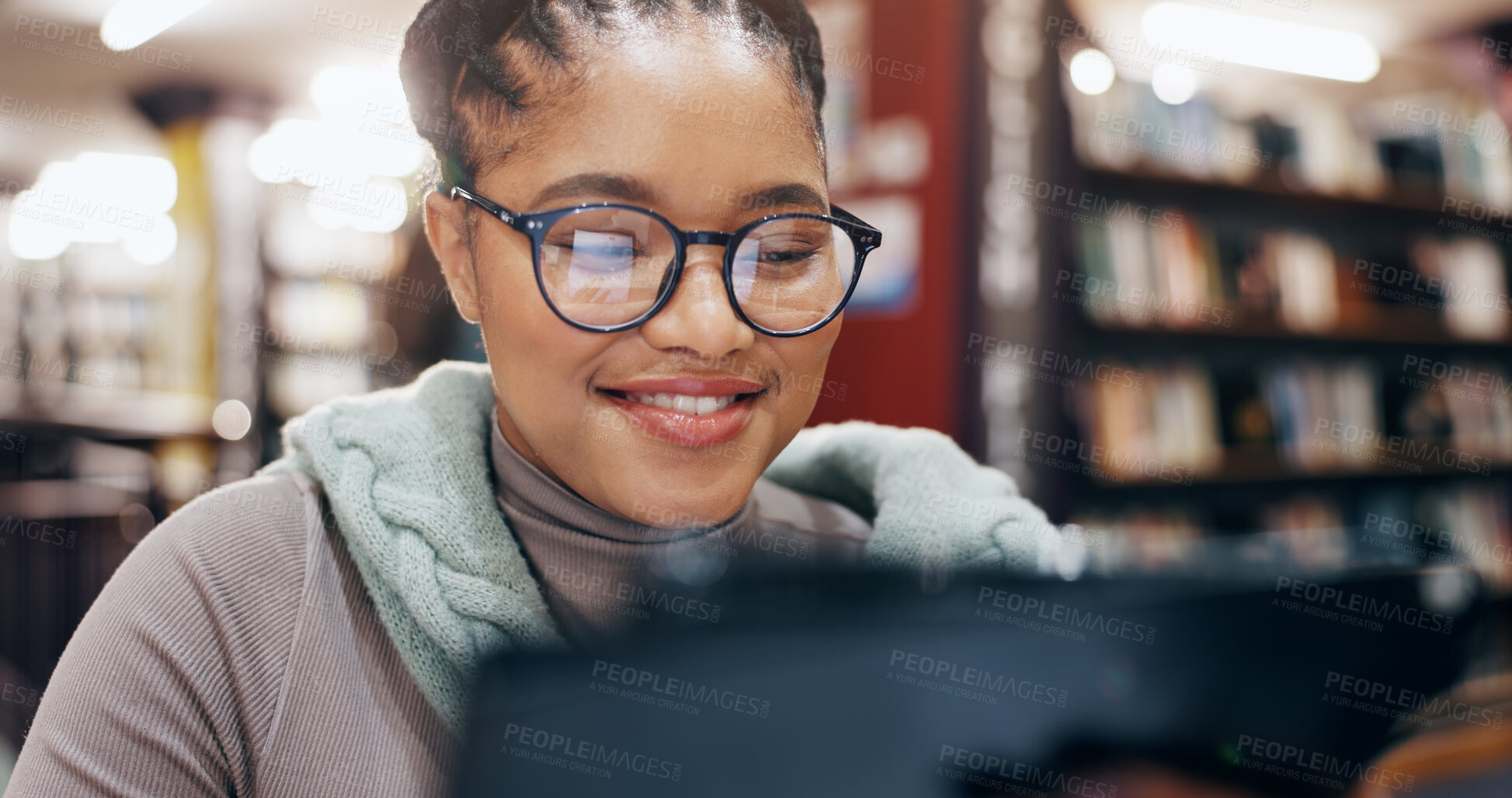 Buy stock photo African, student and smile with tablet in library for research information, university news and study schedule. Woman, digital and reading online with education ebook, exam results and project report