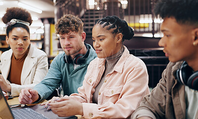 Buy stock photo People, university student and group work  with laptop at library for research, assignment and project. Classmates, friends and serious as college learner on campus for revision, studying or teamwork