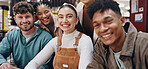 Education, portrait and smile of student friends in library of university together for learning or study. Development, diversity or growth with happy men and women on college campus for scholarship