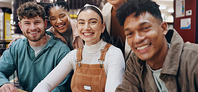 Buy stock photo Education, portrait and smile of student friends in library of university together for learning or study. Development, diversity or growth with happy men and women on college campus for scholarship