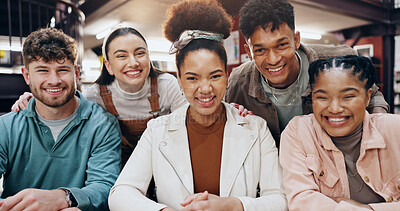 Buy stock photo Learning, portrait and growth with student friends in library of university together for education or study. Development, diversity or smile with happy men and women on college campus for scholarship