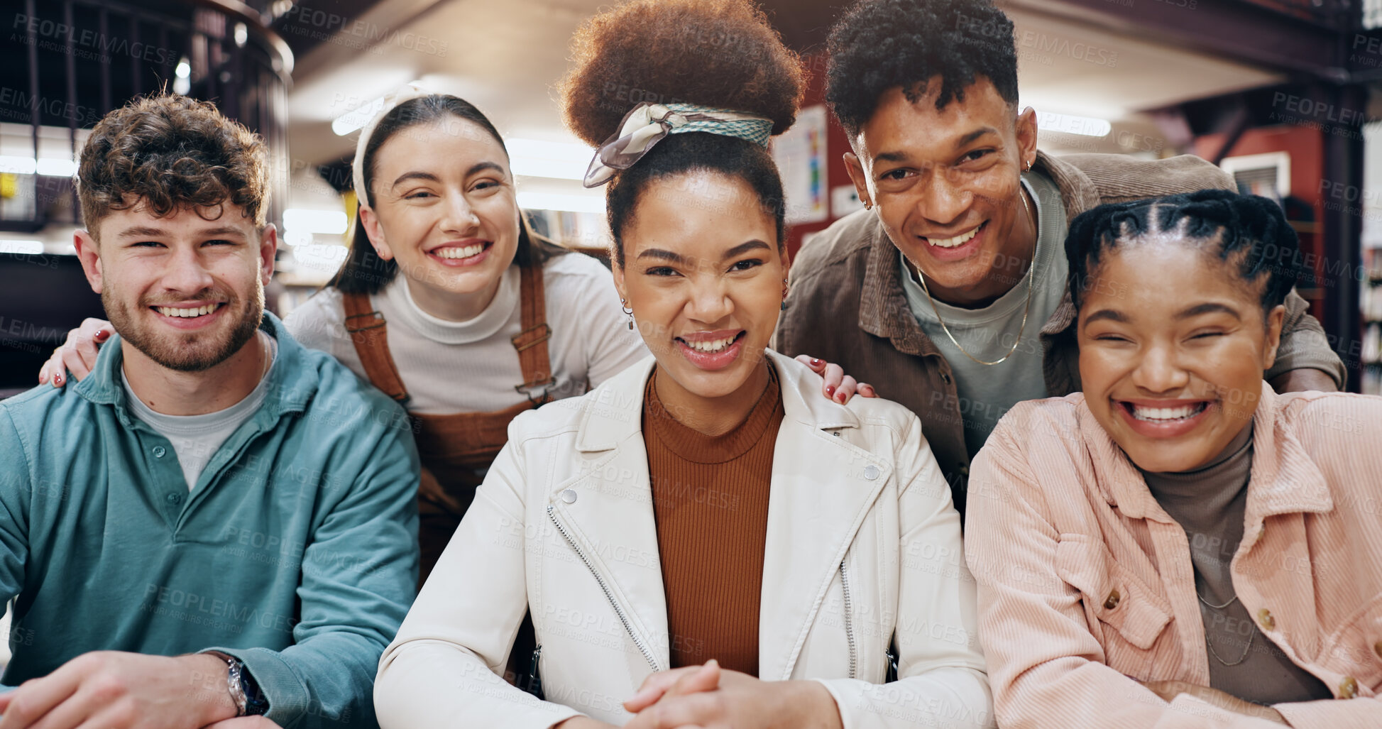 Buy stock photo Learning, portrait and growth with student friends in library of university together for education or study. Development, diversity or smile with happy men and women on college campus for scholarship