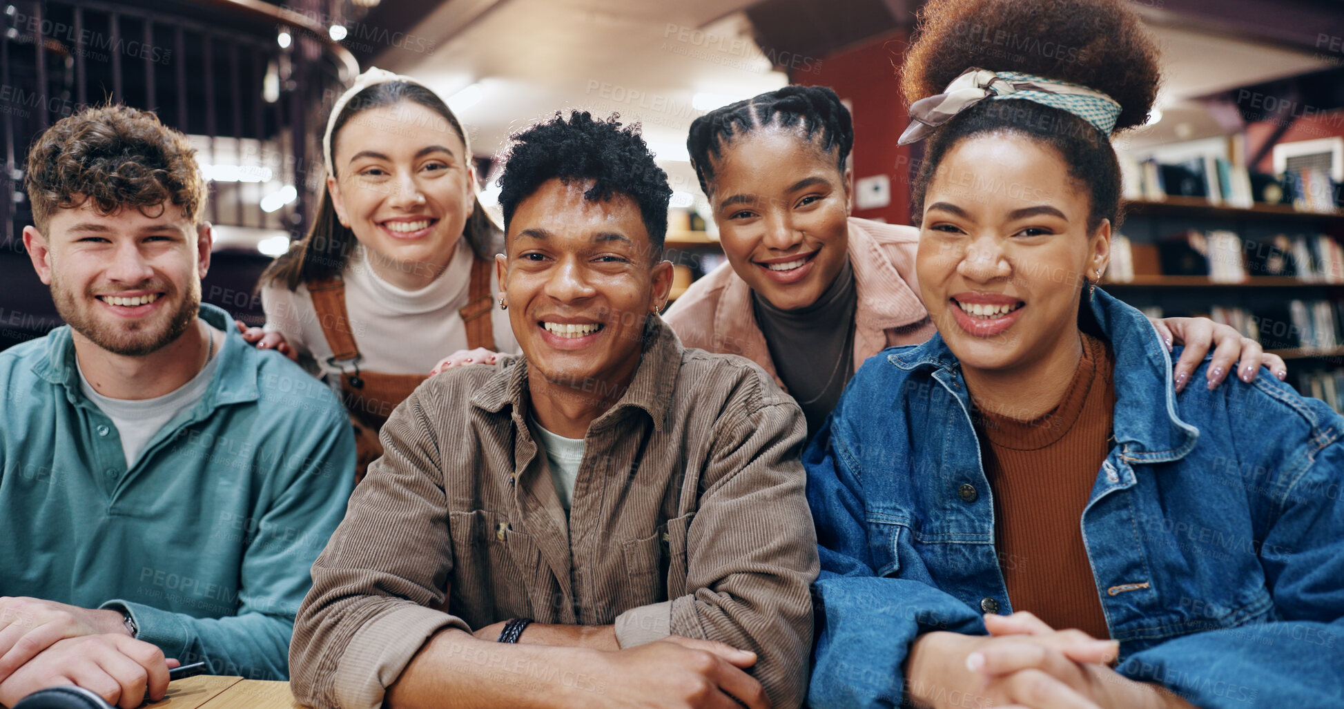 Buy stock photo Education, happy and portrait of student friends in university library together for learning or study. Development, diversity or growth with smile of men and women on college campus for scholarship