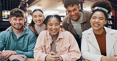 Buy stock photo Portrait, group and happy students in university library for learning, education or scholarship. Face, people and friends smile at college for teamwork, diversity or support for cooperation together