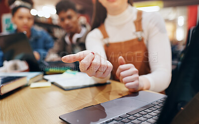 Buy stock photo Group, hands and typing with laptop, education and browsing of web, library and friends with technology. College students, typing and preparation for test, research and books for knowledge and people