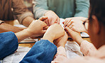 Religion, holding hands and group with faith, praying and friends with belief, Christian and God. Respect, spiritual and circle of people, bible study and worship of holy spirit, guide and learning