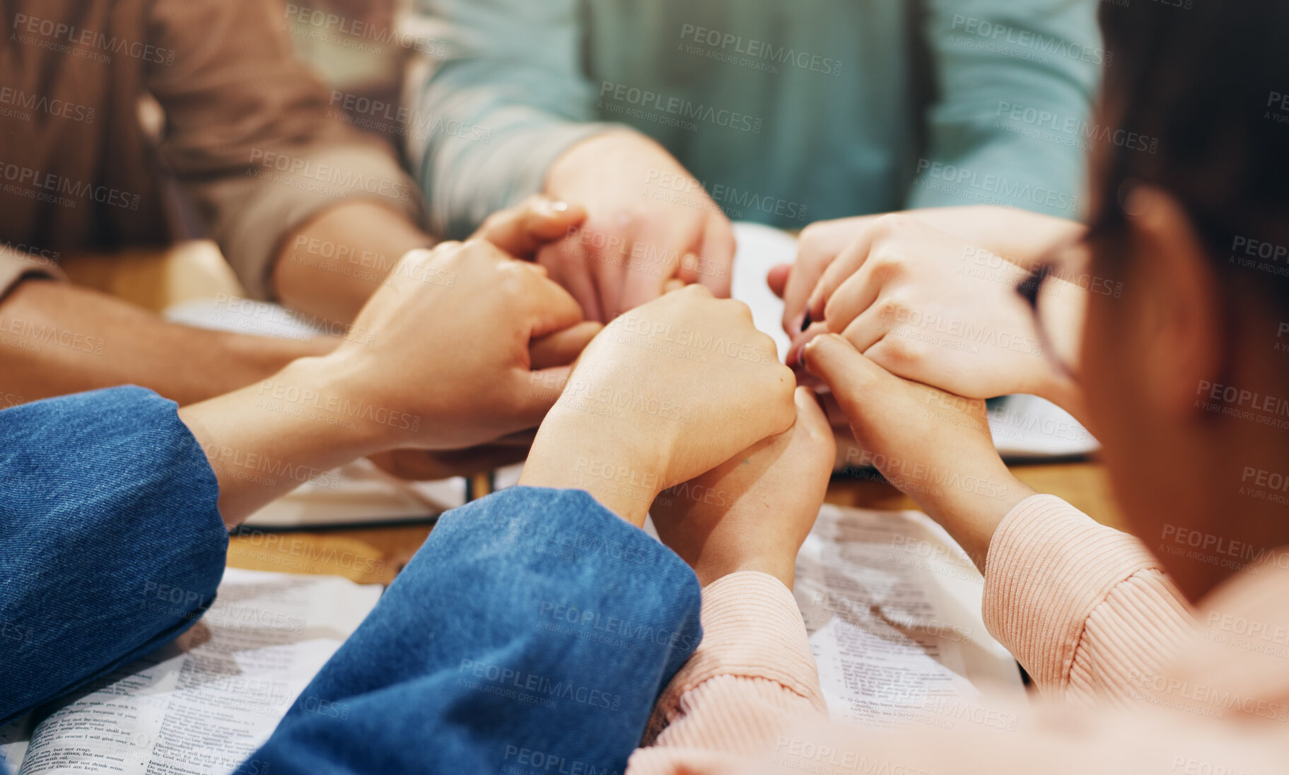 Buy stock photo Religion, holding hands and group with faith, praying and friends with belief, Christian and God. Respect, spiritual and circle of people, bible study and worship of holy spirit, guide and learning