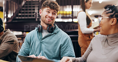 Buy stock photo Education, laptop smile of student friends in library of university together for learning or study. Computer, online development or growth with happy men and women on college campus for scholarship