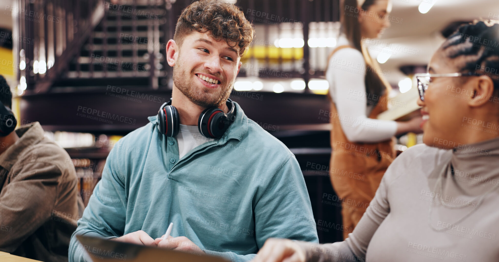 Buy stock photo Education, laptop smile of student friends in library of university together for learning or study. Computer, online development or growth with happy men and women on college campus for scholarship