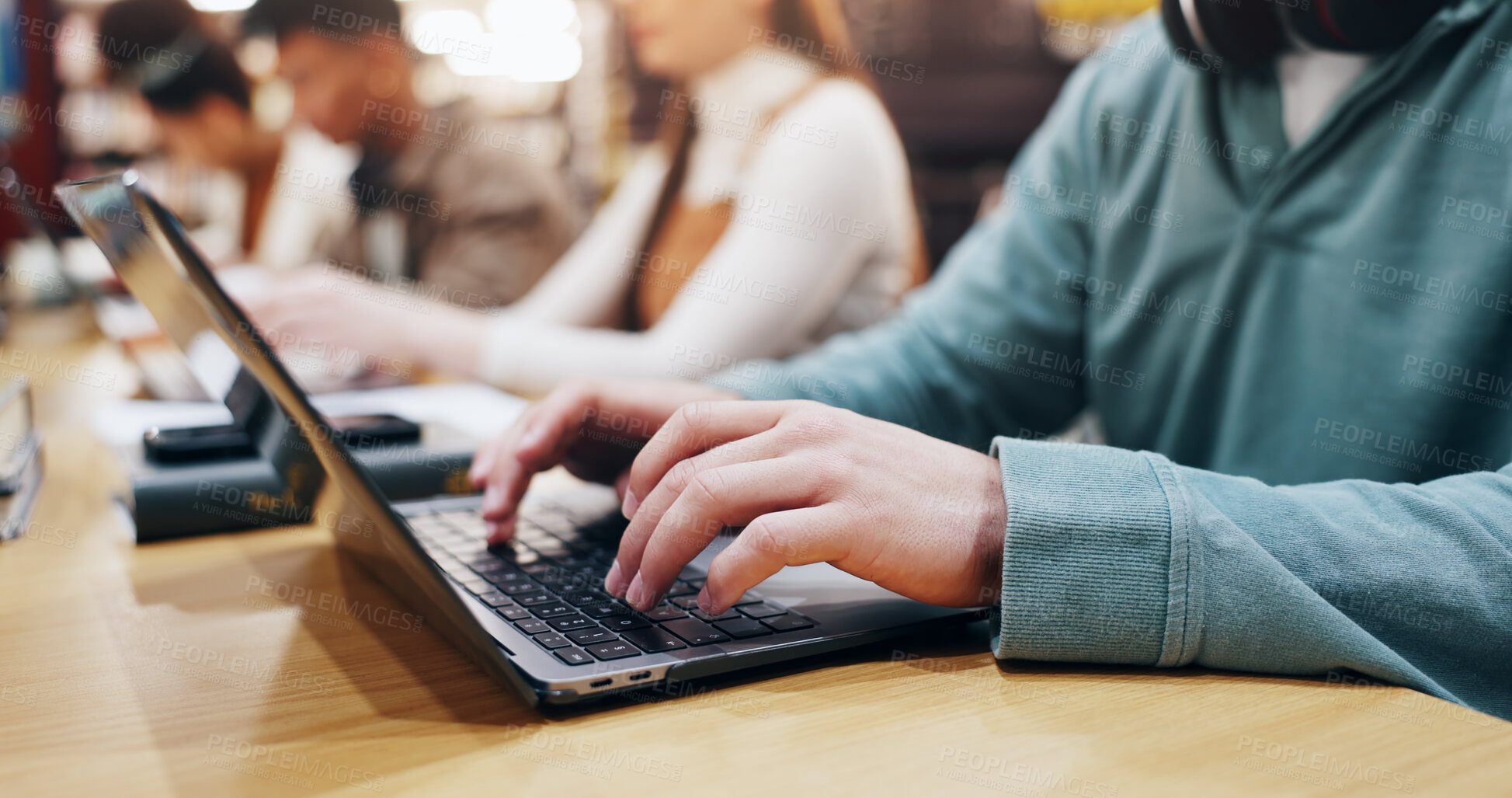 Buy stock photo Hands, laptop and research with people in library for knowledge, education and college thesis. Academy, future and university student with person and online portal for exam, project and scholarship.