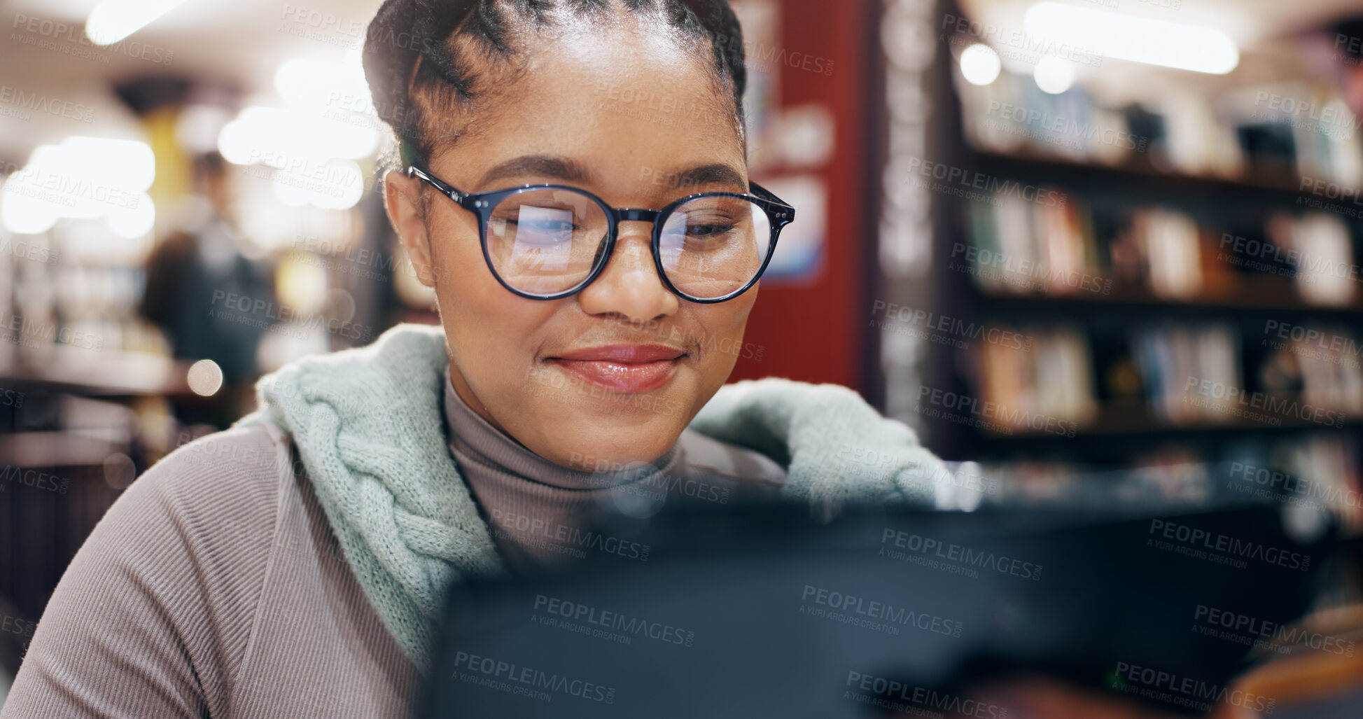 Buy stock photo African, woman and smile with tablet in library for research information, university news and study schedule. Student, digital and reading online with education ebook, exam results and project report