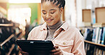 African, happy and student with tablet in library for research information, university news and study schedule. Woman, digital and reading online with education ebook, exam results and project report