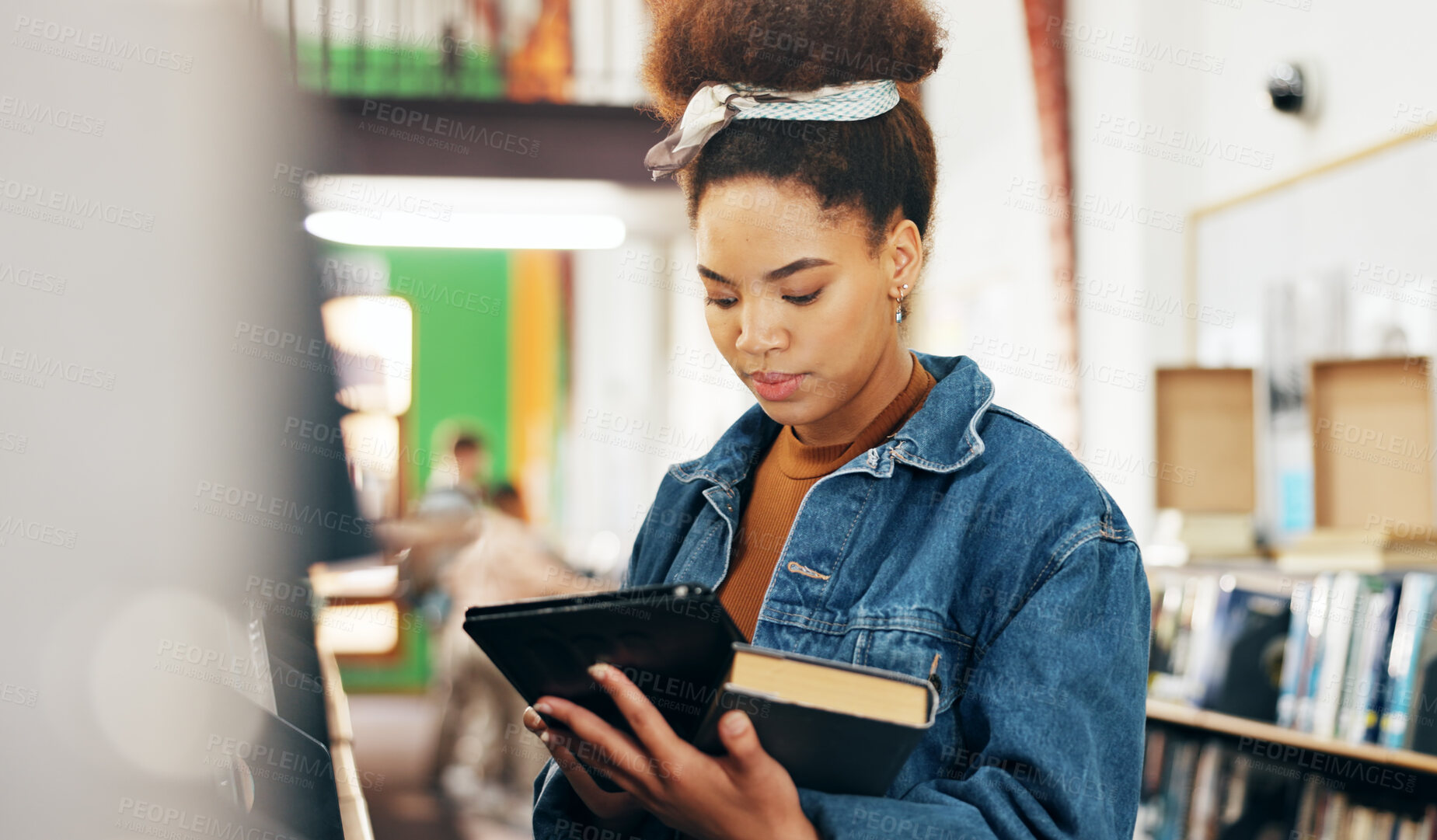 Buy stock photo Tablet, studying and books with woman in library for knowledge, education and college thesis. Academy, future and university with student and online portal on campus for exam, project and scholarship