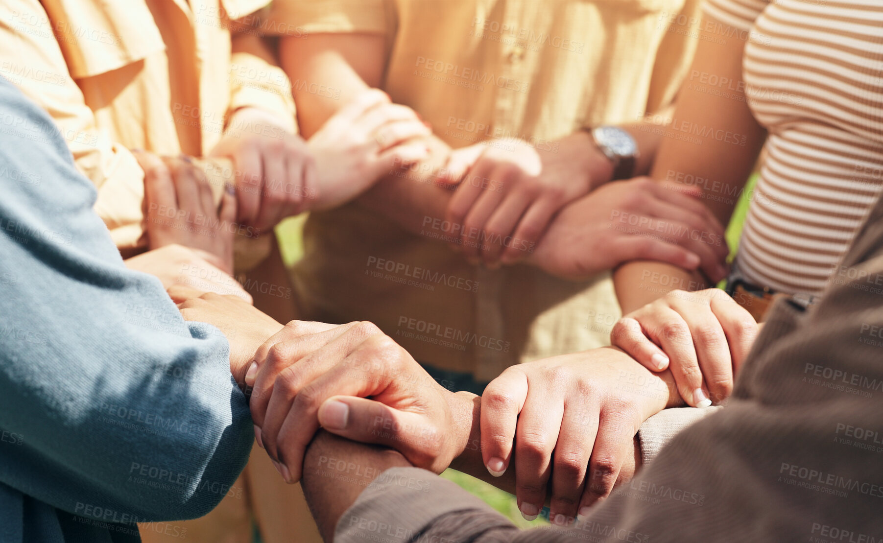 Buy stock photo Holding hands, students and trust for teamwork outdoor with education support, learning and success. People, friends and collaboration for college future, scholarship and celebration of synergy goals